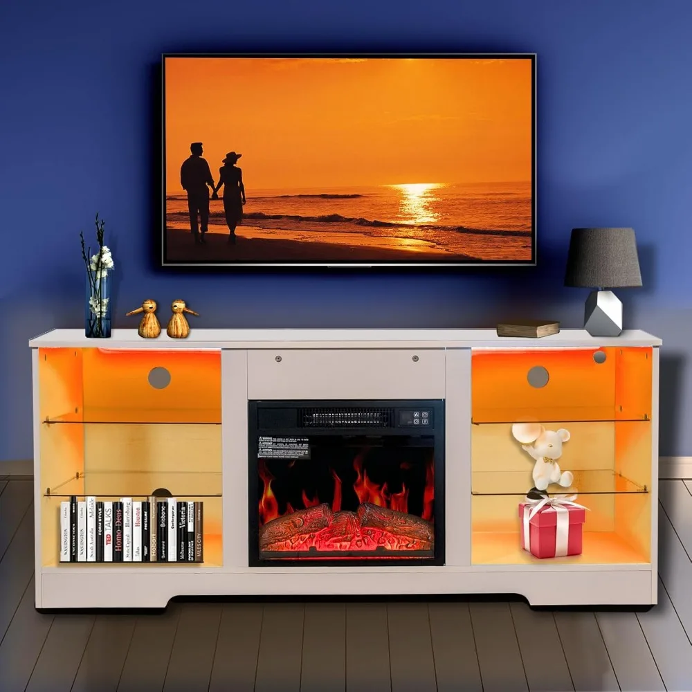 

Шкаф FireplaceTVcabinet, подставка для камина с 18 дюймовым электрическим подогревателем камина, регулируемая стеклянная рамка и шкаф для хранения 57.8dx15.5w