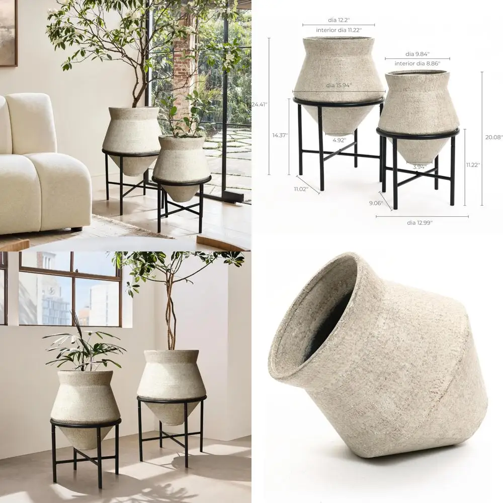 

Indoor Plant Pots Set of 2, Decorative Planters with Metal Stands, Distressed Finish, Novelty Home Decor