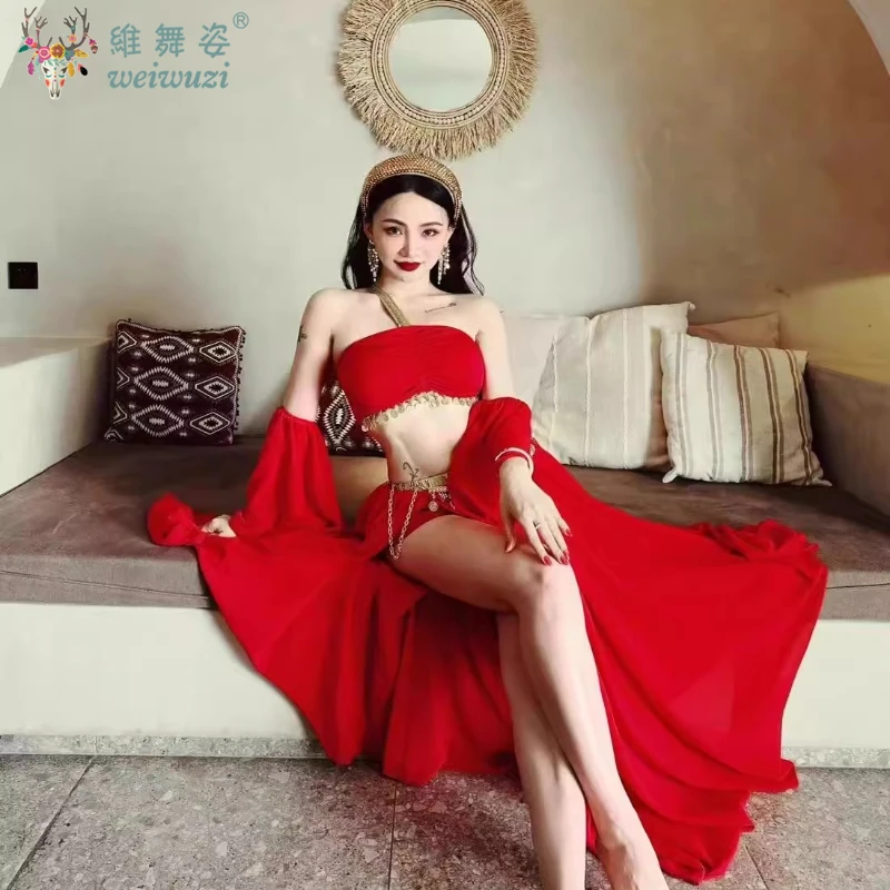 Conjunto de prática de dança do ventre para mulheres, top sem mangas + saia longa dividida sexy + mangas, trajes de performance de dança oriental para adultos