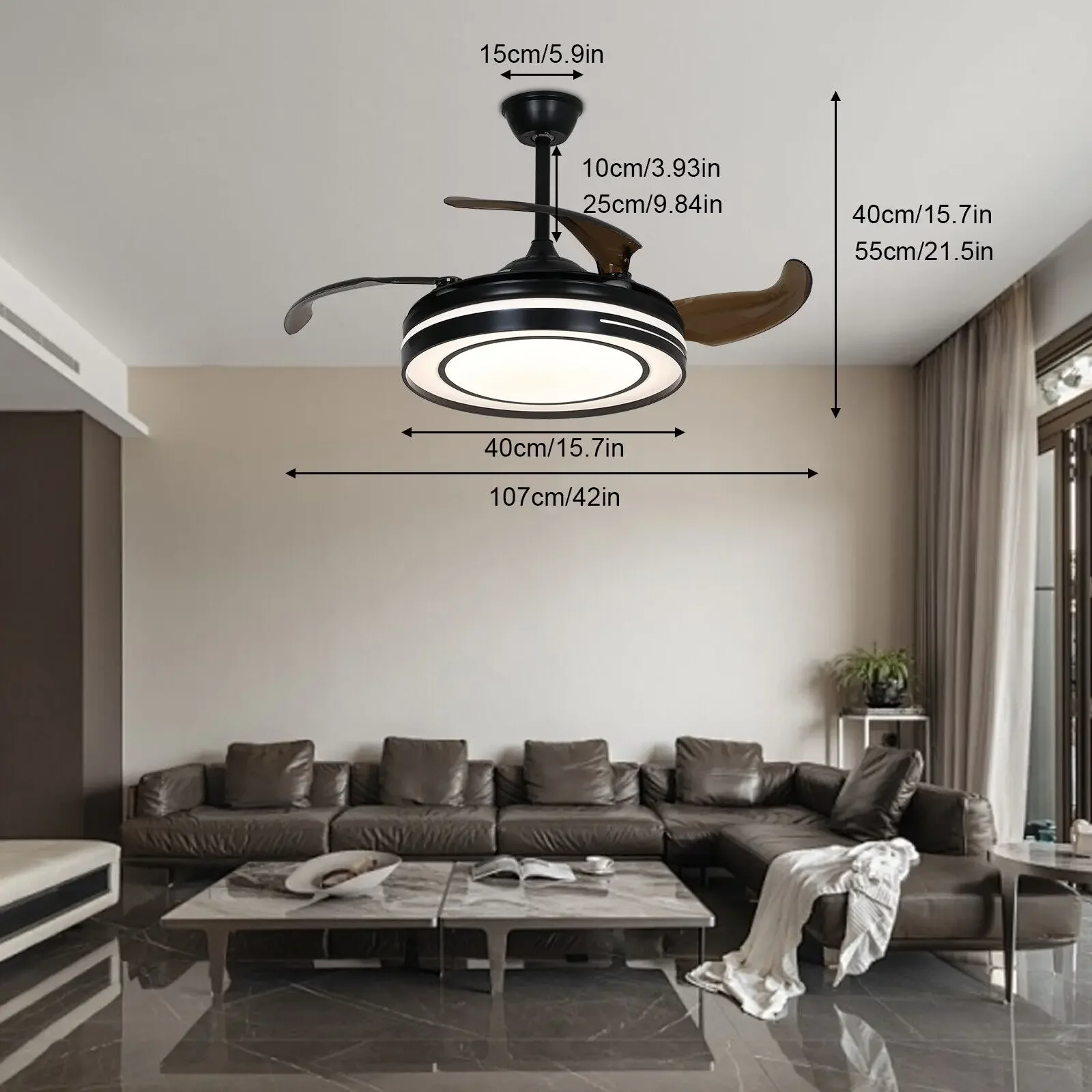 

Contemporary Black 42-Inch Retractable Fandelier - Remote-Controlled Ceiling Fan Light Combo