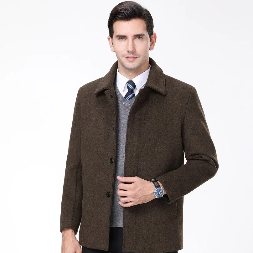 

Winter Thickened Rabbit Collar Woolen Coat Business Cashmere Middle Age Man Wool Overcoat Lapel Velvet Warm Clothing Male