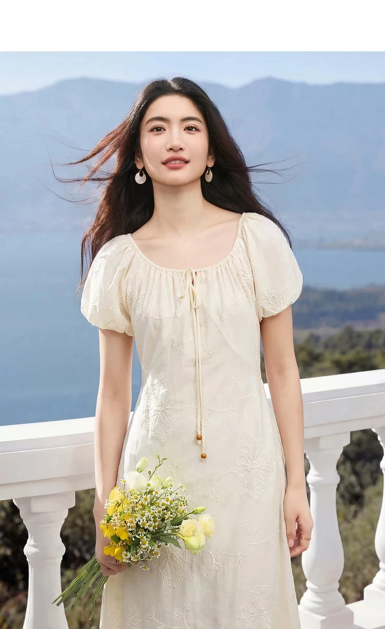 SENTUBILA Damen Lyocell-Kleider 2026 Sommer Elegantes Resort-Style A-Linien-Midikleid mit Wendehals und Stickerei für den Strand 162LO5639 – Detail 10