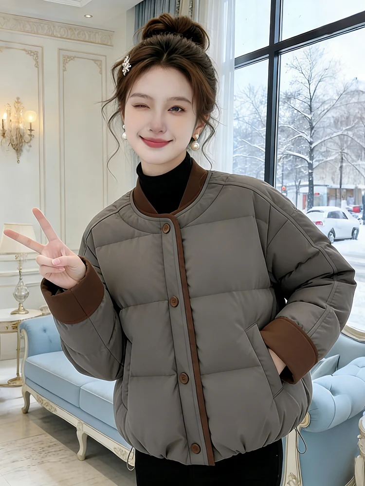 

High-End Thiened Cotton Jaet Women's Winter Warm Loose Sle Color Blo Coat Korean Version Commute Long Sve round Ne