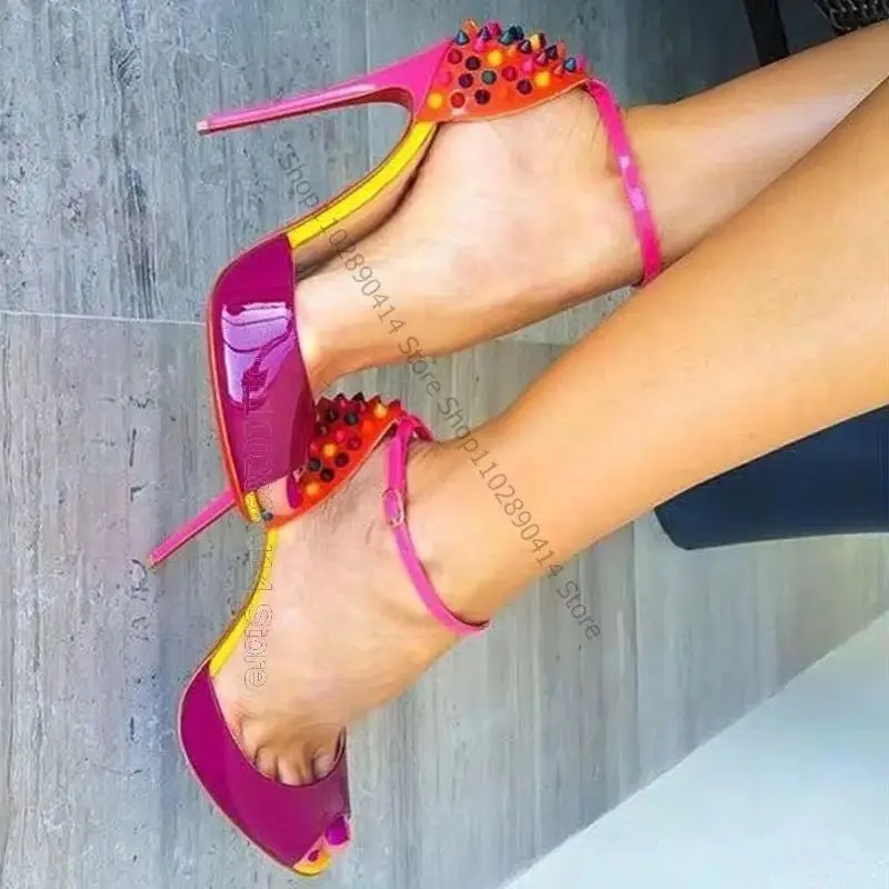 

Colorful Rivets Purple Patent Leather Peep Toe Pumps Ankle Buckle Strap Women Shoes Thin High Heels New 2026 Zapatos Para Mujere