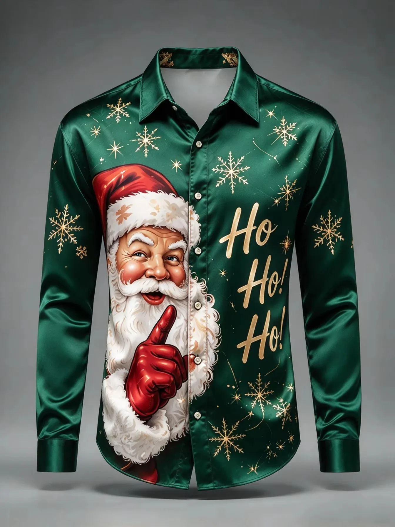 New Men’s Long-Sleeve Christmas Shirt Fun Santa Claus Print Collared Button-Down Casual Shirt Festive Party Street-Style Top