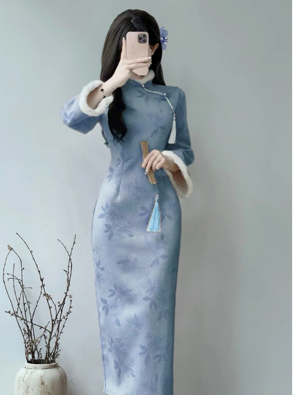 

Winter Fleece Lined Cheongsam Dress 2025 Long Sleeve Oriental Style Gown Youthful Updated Vintage Dress