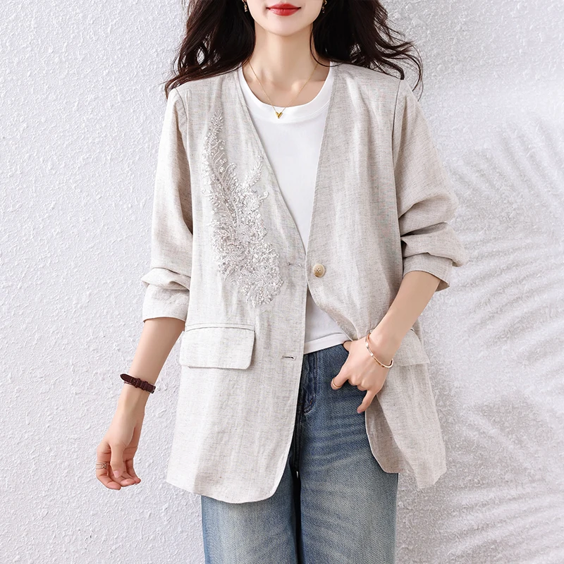 

plus Size Women's Shirt Spring Summer New Linen Breathable Suit Jacket Elegant Top Shirt Commute Style Artistic Edition