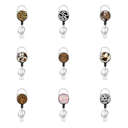 Hot selling circular Animal stripe pattern Easy disassemble Zinc alloy badge automatic scroll easy pull buckle keychain H1205
