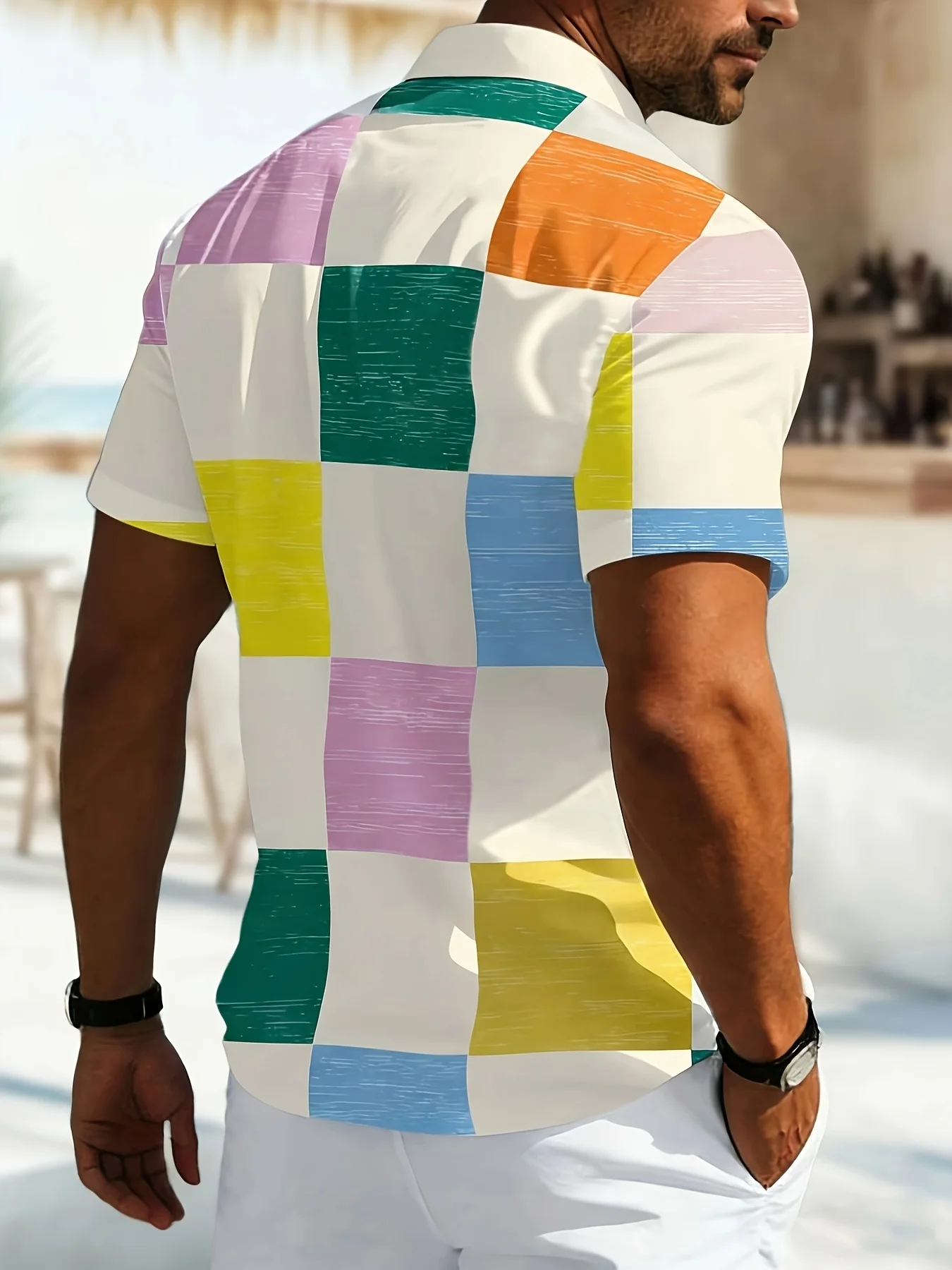 Men Short Sleeve Shirt Colorful Block Plaid Checkerboard Print Turn‑Down Collar Button‑Up Summer Top