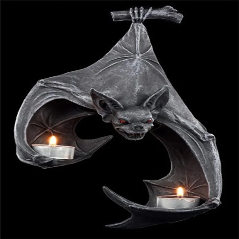 Halloween Bat-Shaped Candlestick Resin Hanging Garden Statue Sculptures Crafts Candle Holder for Patio Porch