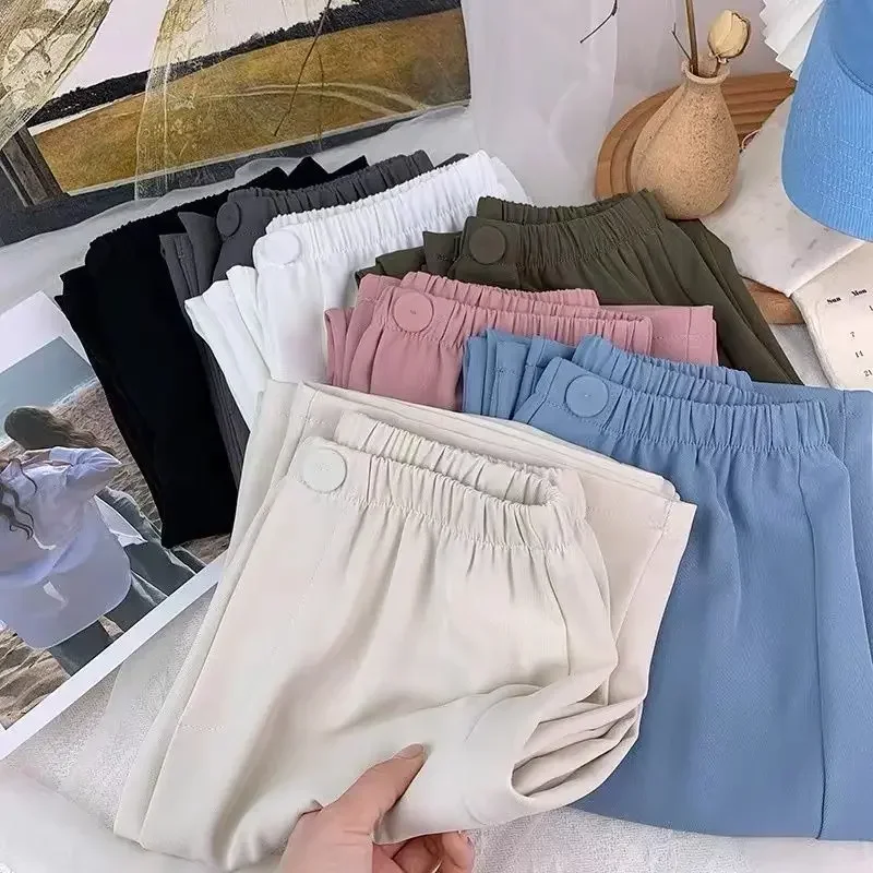 Ice Silk Chiffon High Waist Wide Leg Pants Women Summer Fashion Solid Color Casual Straight Pants Loose Thin Section Sweatpants