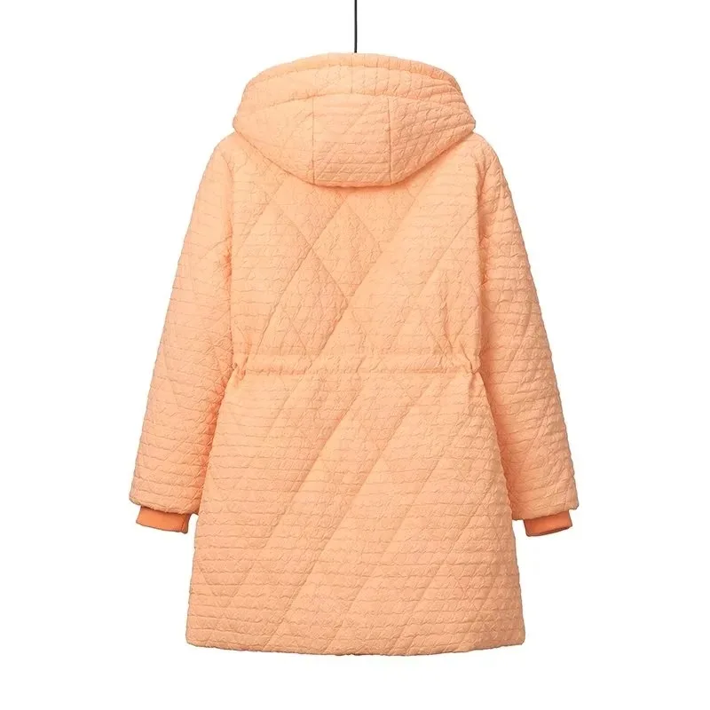 Plus Size Women Hooded Parka Winter New Loose Drawstring Waist Embossed cotton-padded Coat 007