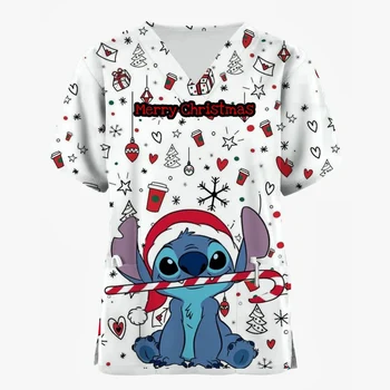Cartoon Disney Stitch Print Verpleging Scrubs Vrouwen Tops Korte Mouw V-hals Vrolijk Kerstfeest Werken Uniform Blouse Kostuum Shirts