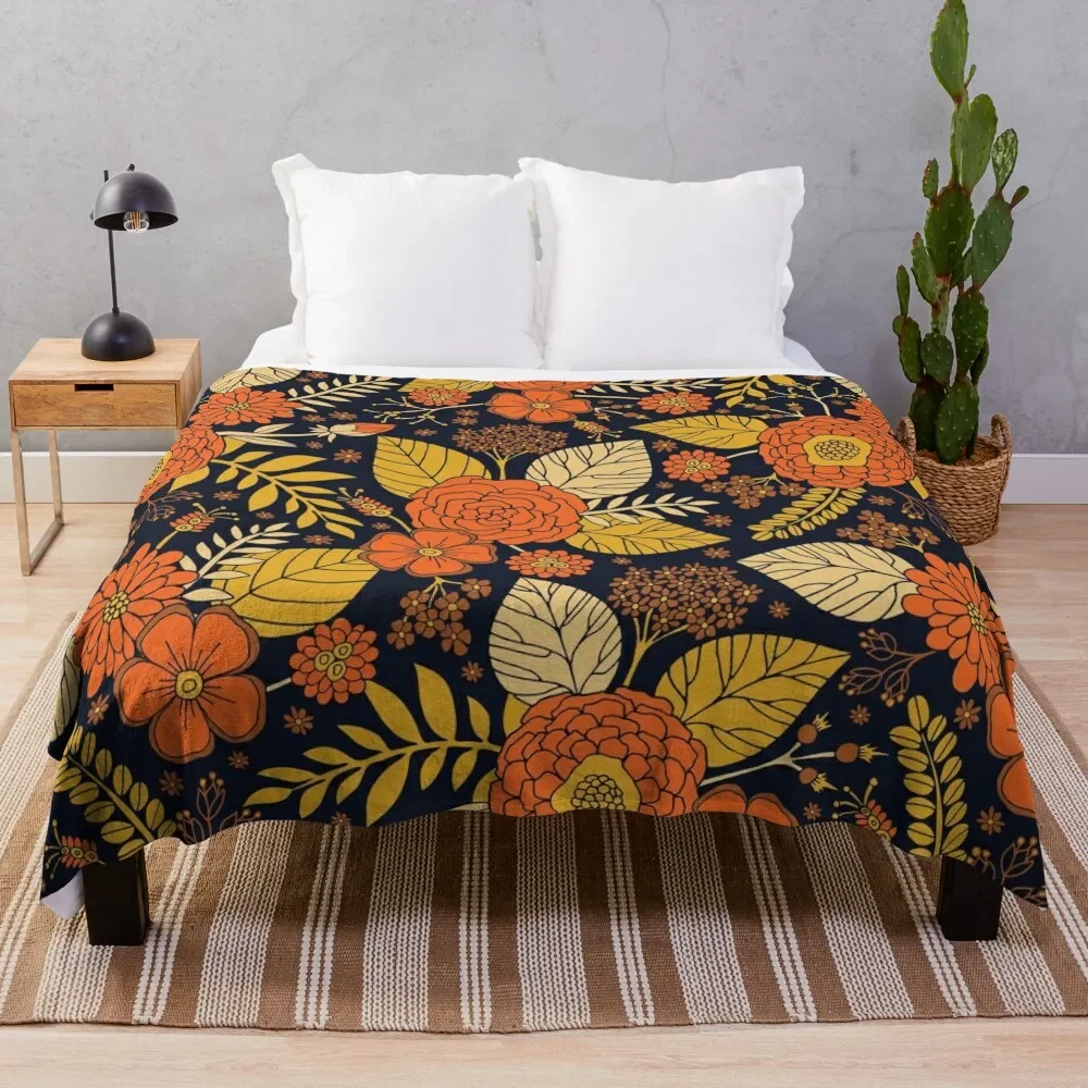 Retro Orange, Yellow, Brown, & Navy Floral Pattern Throw Blanket Summer Cool Breathable Blanket for Sleeping