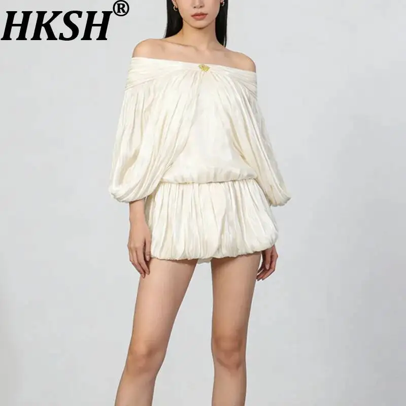 

Женское короткое платье HKSH с открытыми плечами, однотонное, плиссированное, с длинными рукавами, элегантное, повседневное, класса люкс, новинка лета 2026 HK22310