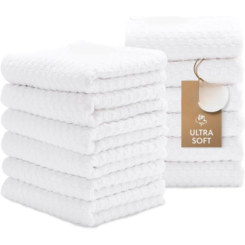 [12 Pack]Cotton Kitchen Towels - Waffle Weave, for Washing Hand and Drying Dishes Rags 15x26 Inches, White