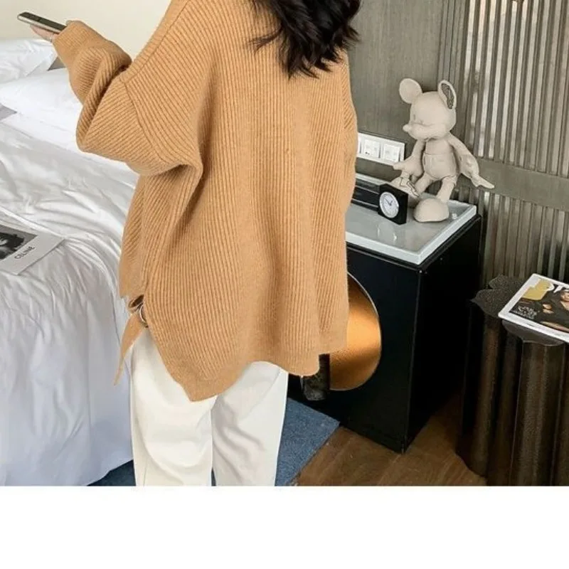 Autumn and Winter Women\'s Solid Color Pullover Round Neck Loose Side Split Long Sleeve Sweater Knit Fashion Elegant Casual Tops