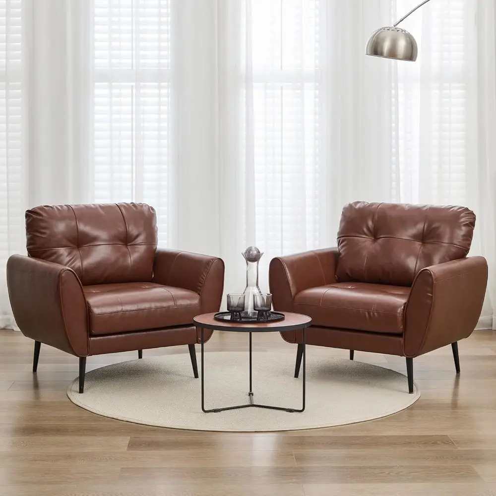

Accent Chairs Set of 2, Comfy Modern Living Room Brown Leather Reading Accent Chairs Tufted Mid Century Arm Chair Small Salon Ch