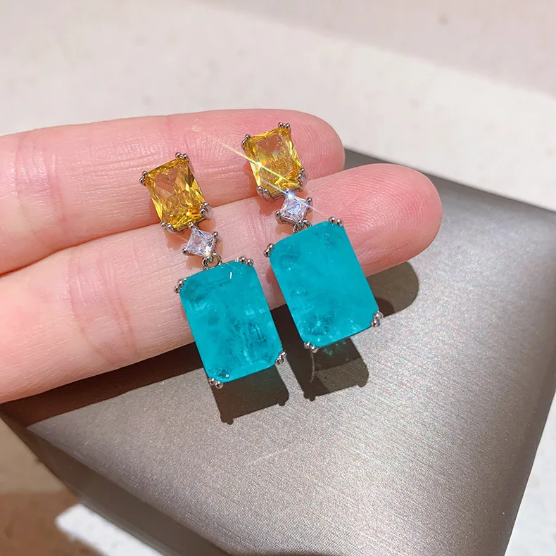 Vintage Emerald Earrings Square Color Zircon 925 Stamps Fashion Paraiba Stud Earrings Women\'s Party Birthday Jewelry Gifts