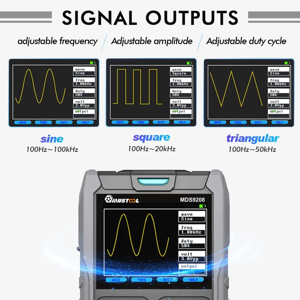 Imagem -03 - Mustool-portable Multímetro Signal Generator Mds9208 3in Alta Capacidade de Armazenamento Baixo Consumo de Energia 12mhz 50 Mspas