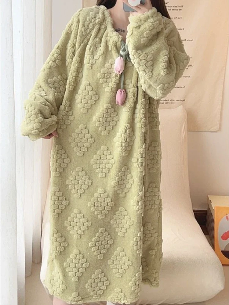 Coral Fleece Nightgowns Women Sleepwear Baggy Sweet Bandage Tender Warm Princess Fashion Plus Velvet Thicker Cozy Students Soft