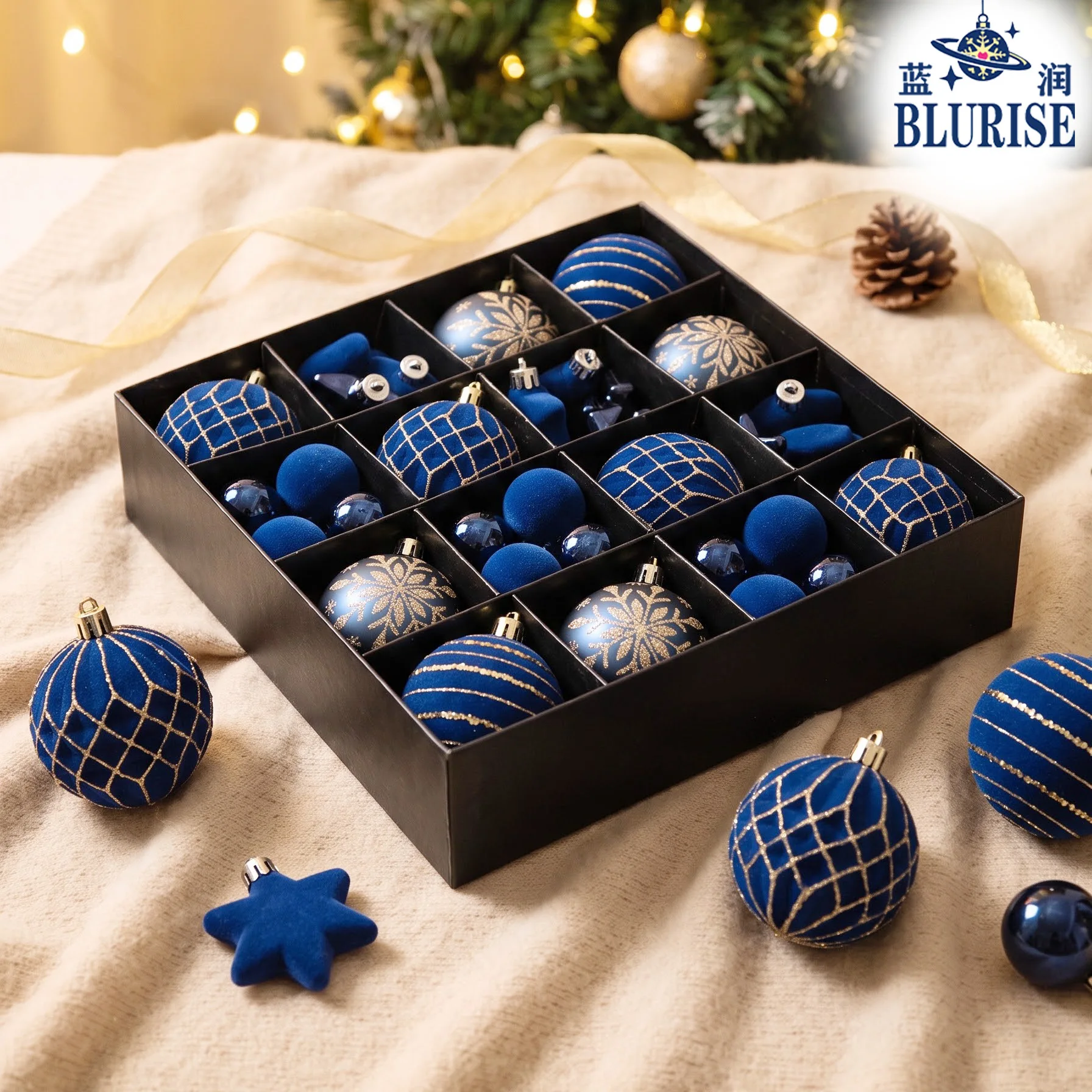 46Pcs Premium Hand Painted Christmas Balls Set Sapphire Blue Christmas Decorations Elegant Xmas Tree Hanging Ornaments for Holid