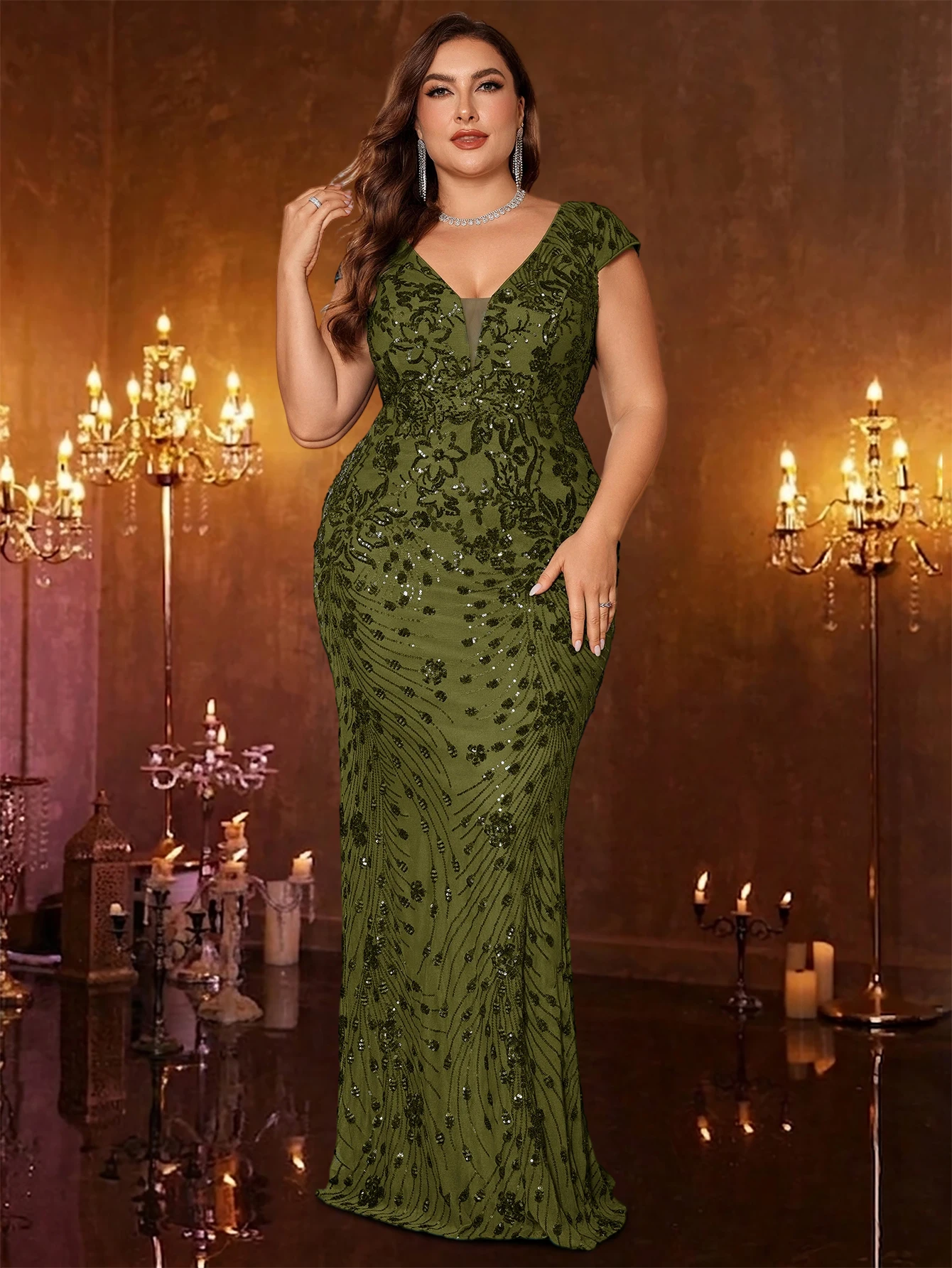 Plus Size Green Elegant V-neck Sequins Floor Length Evening Dresses Cap sleeve Bridesmaid Party Cocktail Gowns