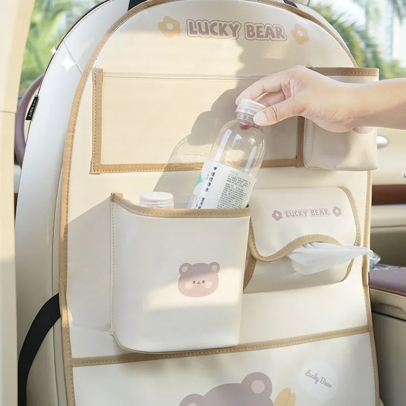 Cute Cartoon Car Seat Back Storage Bag Bear Bunny Multifunctional Car Back Seat Anti-Dirty Anti-Kick Storage Pad Car Accessories
