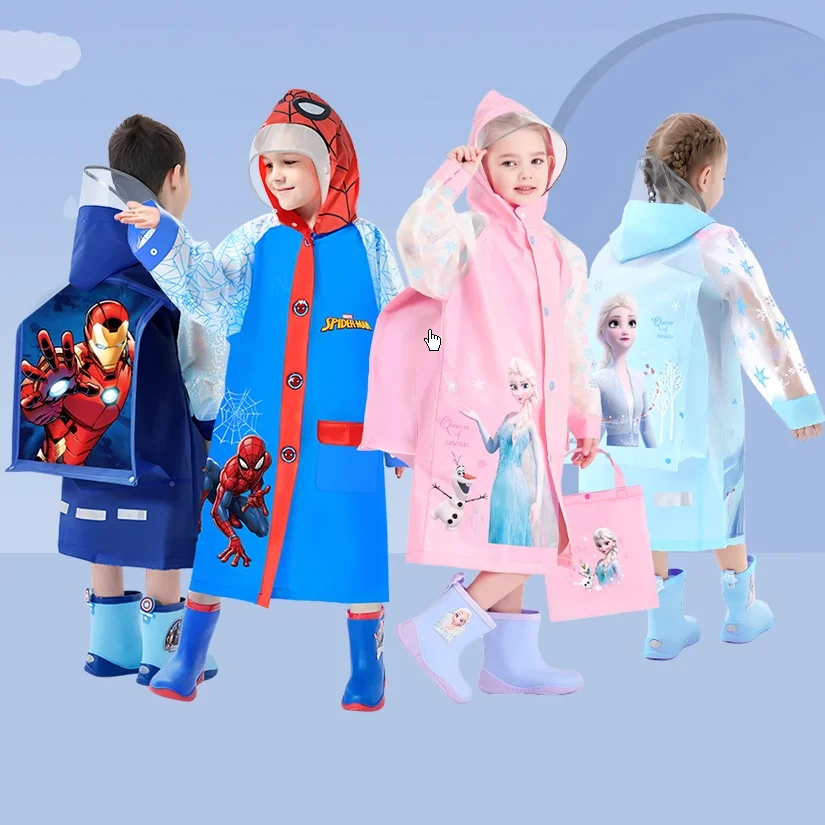 Disney-chubasquero impermeable para niños, Poncho de lluvia de Elsa Spider-Man, chaqueta con mochila, ropa de lluvia para estudiantes