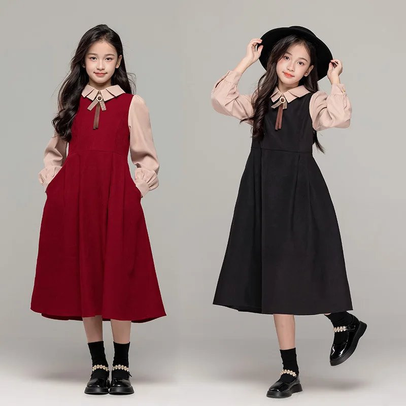 

XED-Girls' Retro Red Dress Autumn Winter New Double Layer Collar Color Block Waist Fake Two-Piece College Style Long Dress