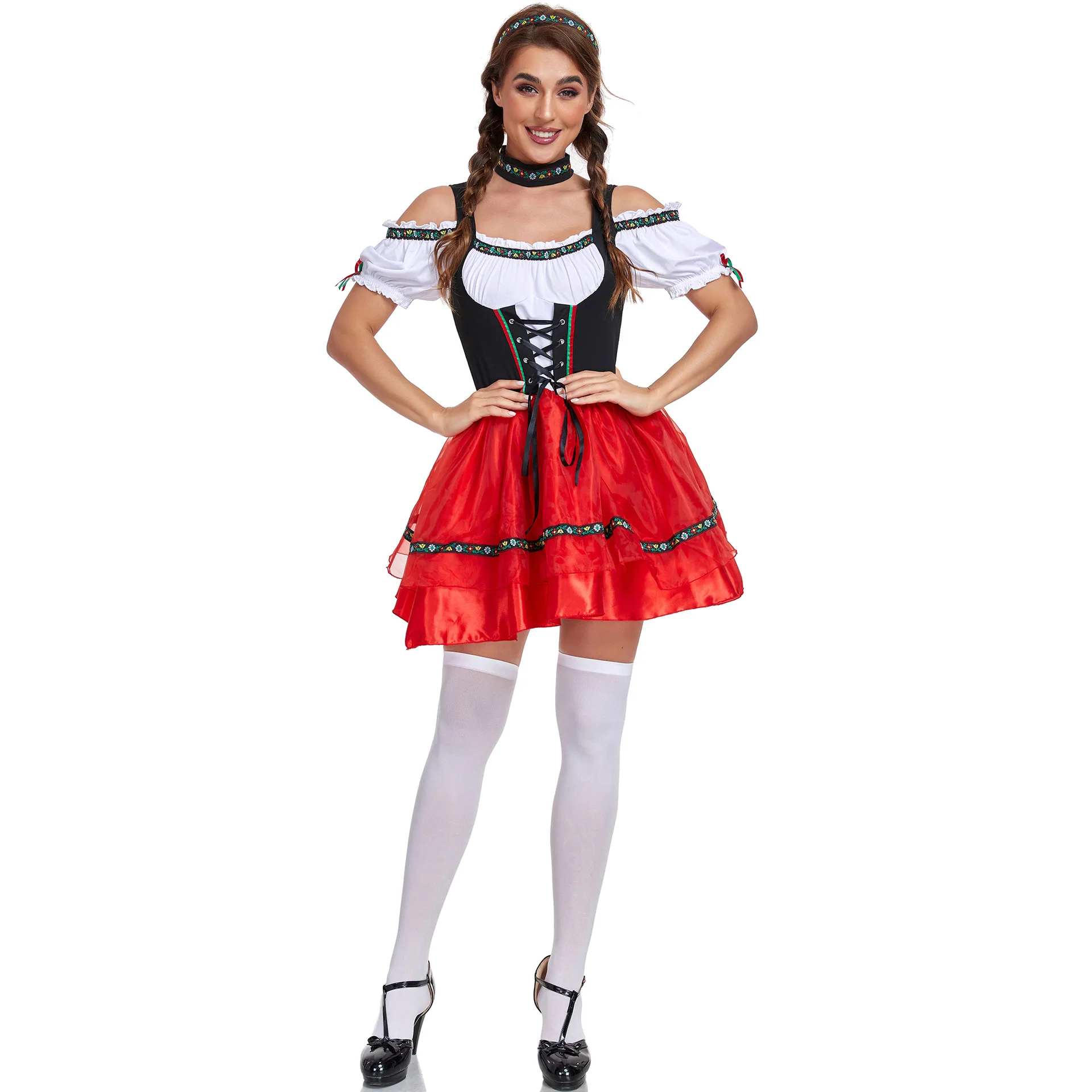 Women's Sexy Beer Maid Costume Dress Bavarian Oktoberfest Lace-Up Corset Party Outfit (S-XL) - Thigh High