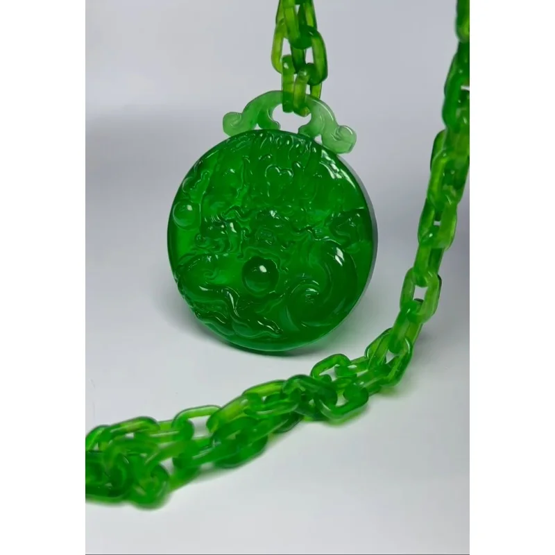 Certified Nature Ice Myanmar Green Jade Jadeite dragon Pendant&Necklaces Double-Sided Carving Integrated Chain