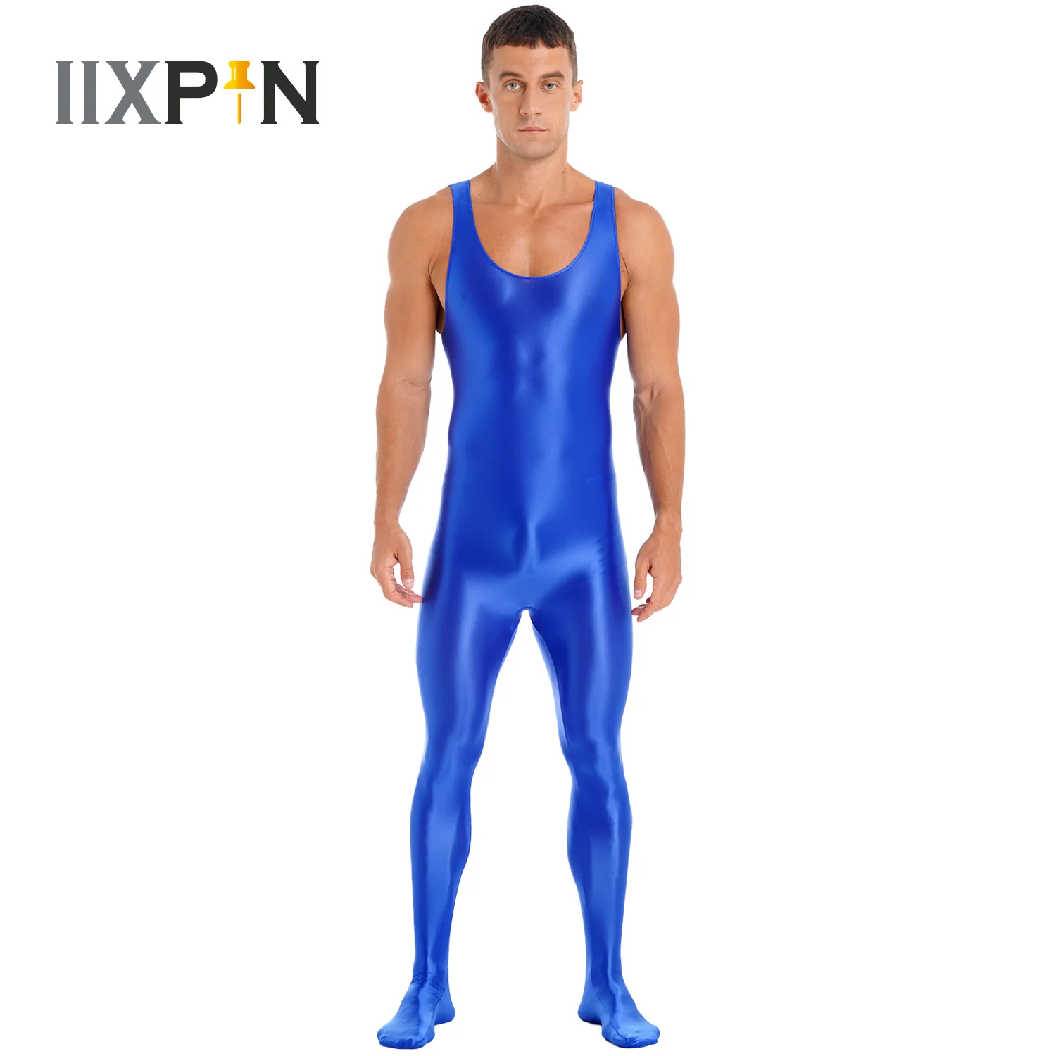 Mens Glossy Smooth Bodystocking Sleeveless One-Piece Bodysuit Leotard Underwear Sports Jumpsuit Swimsuit Swimwear Clubwear