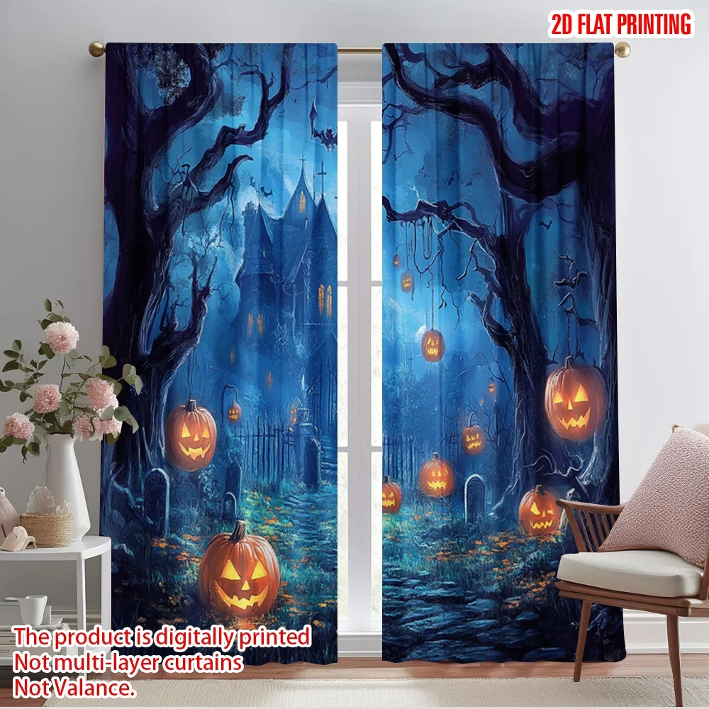 2pcs 2D flat printing Halloween Drapes Pumpkins Polyester Without Electricity Holiday Decorations Use for room decor aesthetic