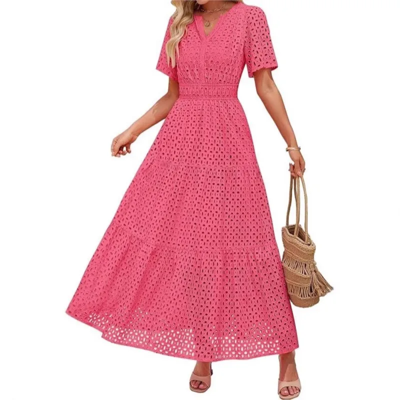 

2026 New Summer Dress Solid Color Loose V-neck Hollow Out Elegant Versatile Temperament Unique Comfortable Fashionable Vestidos