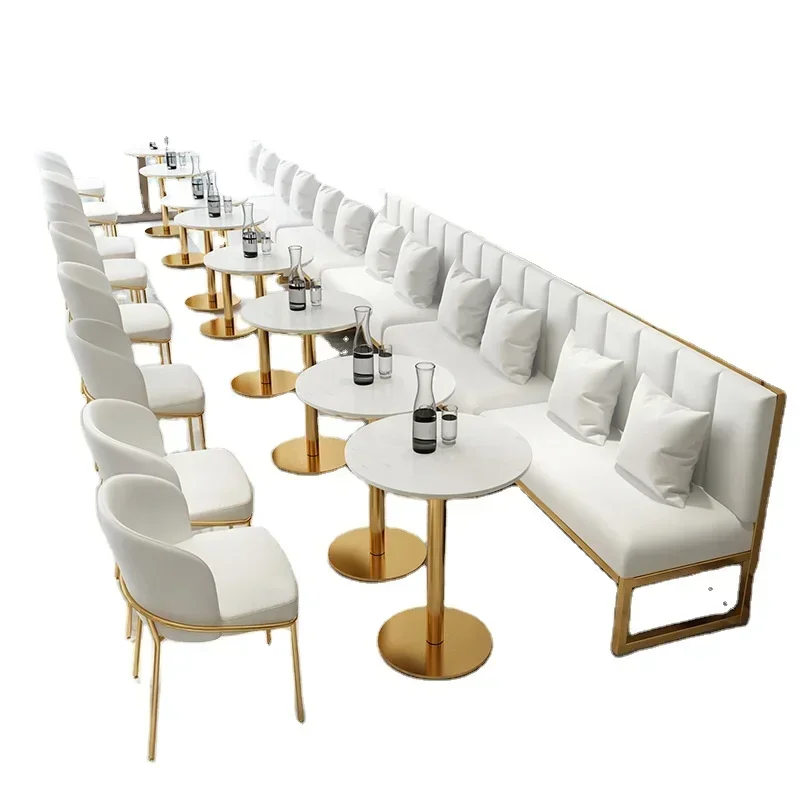 Modern Luxury Cafe Restaurant Coffee Shop Dining Furniture Sofa Booth Golden Metal Frame Table and Chairs Sets