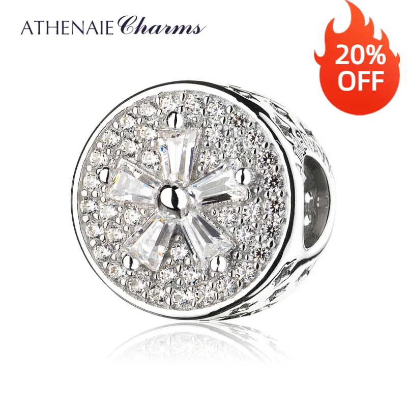 ATHENAIE 925 Sterling Silver Pave Clear CZ Flower Charm Bead Fit Bracelets Jewelry Gift