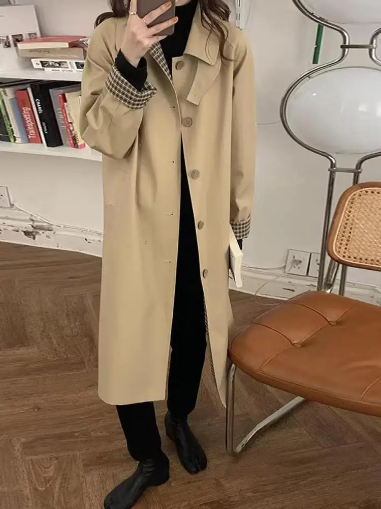 

Spring Autumn Black Long Sleeved Loose Trench Coat Women Vintage Khaki Single Breasted Vacation Windbreaker Jackets Streetwear