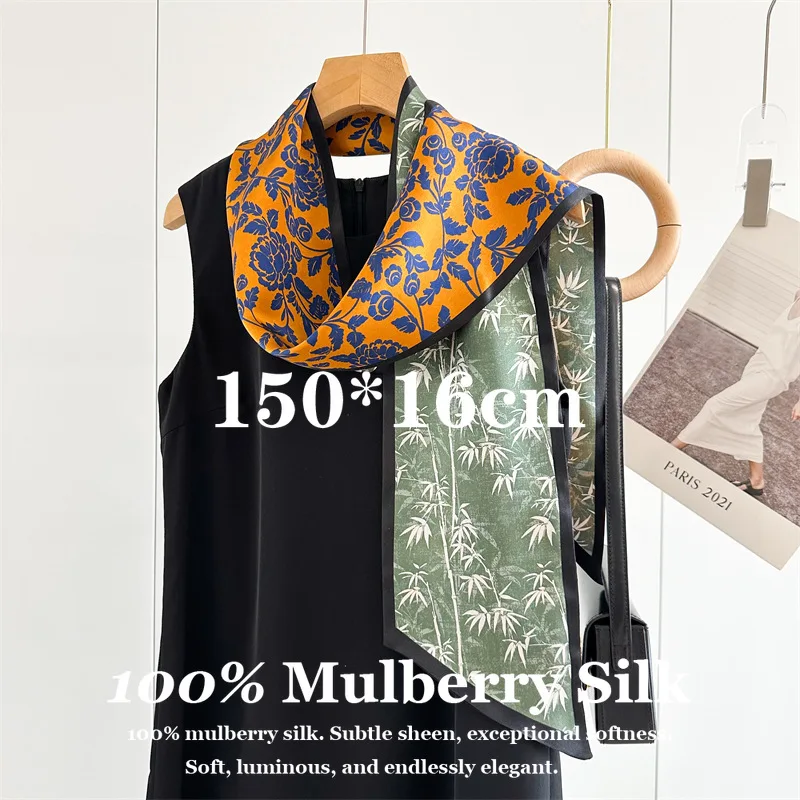 

100% Real Mulberry Silk Long Silk Ribbon Design Large 150x16cm Office Lady Business Hair Decoration Versatile Accessory Hairband