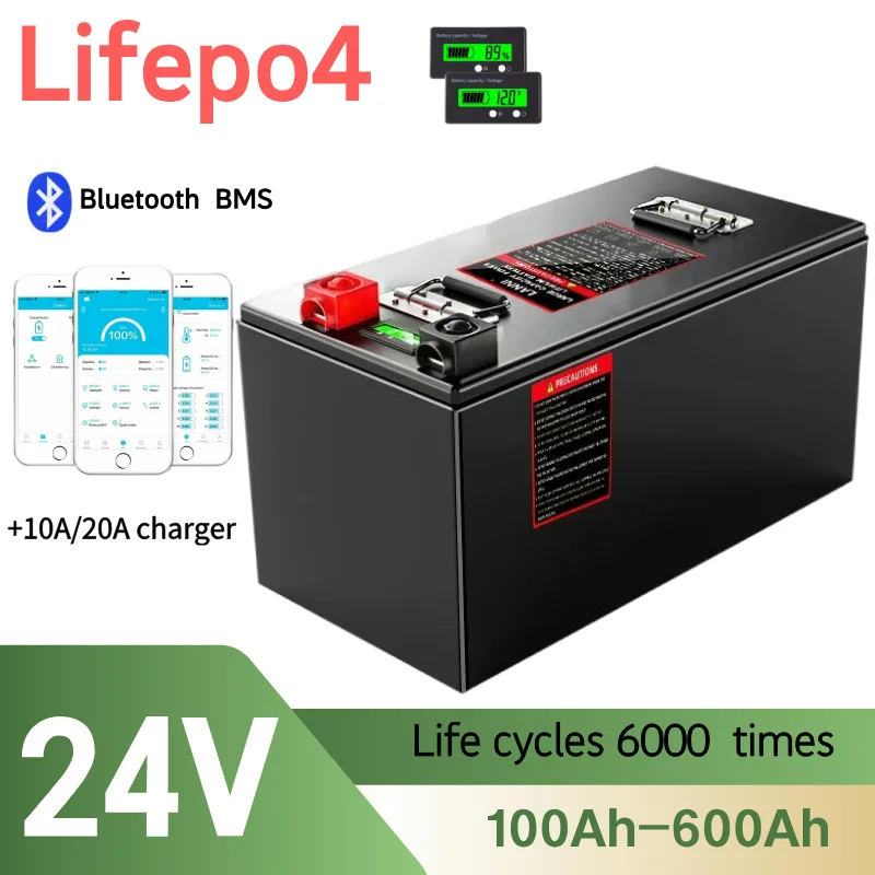 Lifepo4 24V 100Ah 150Ah 200Ah 300Ah 400Ah 500Ah 600Ah Rechargeable Battery for 2000W Solar System UPS Trolling Motor RV Boat