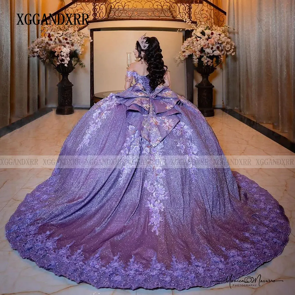 Luxury Purple Sweetheart Quinceanera Dresses 2024 Beads 3D Floral Applique Lace With Cape Sweet 15 Birthday Party Ball Gowns