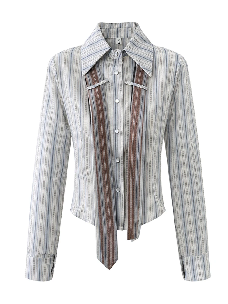 Tops vintage de manga longa para mulheres, camisas estéticas listradas com design de gravata, streetwear Y2K, estilo preppy, outono, anos 2000