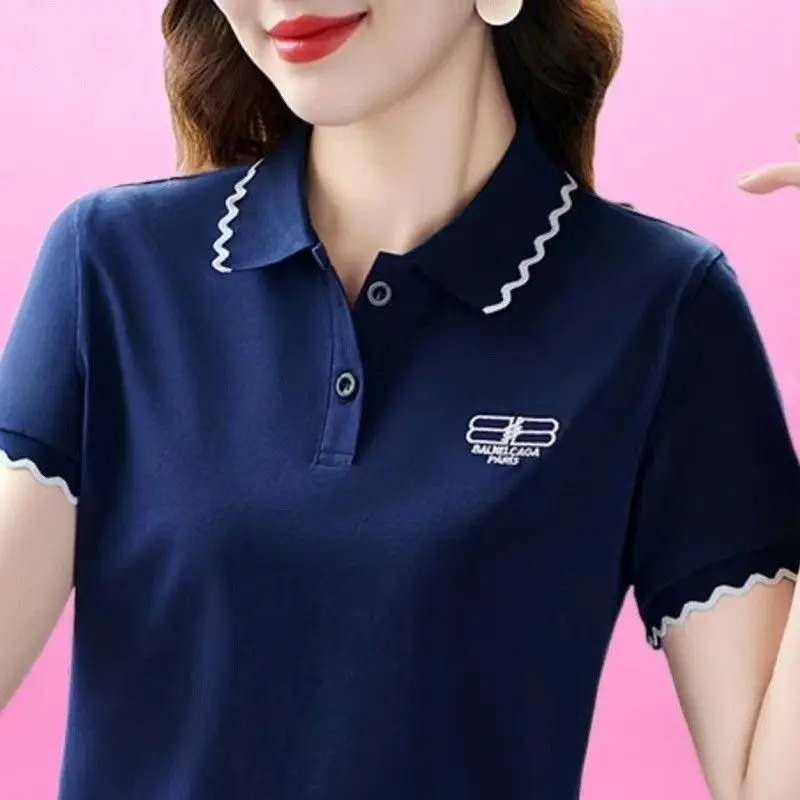 Middle-Aged Lapel Short Sleeve T-shirt Women\'s Summer New 100% Cotton Sports Leisure Polo Bottoming Shirt Golf Shirt Women