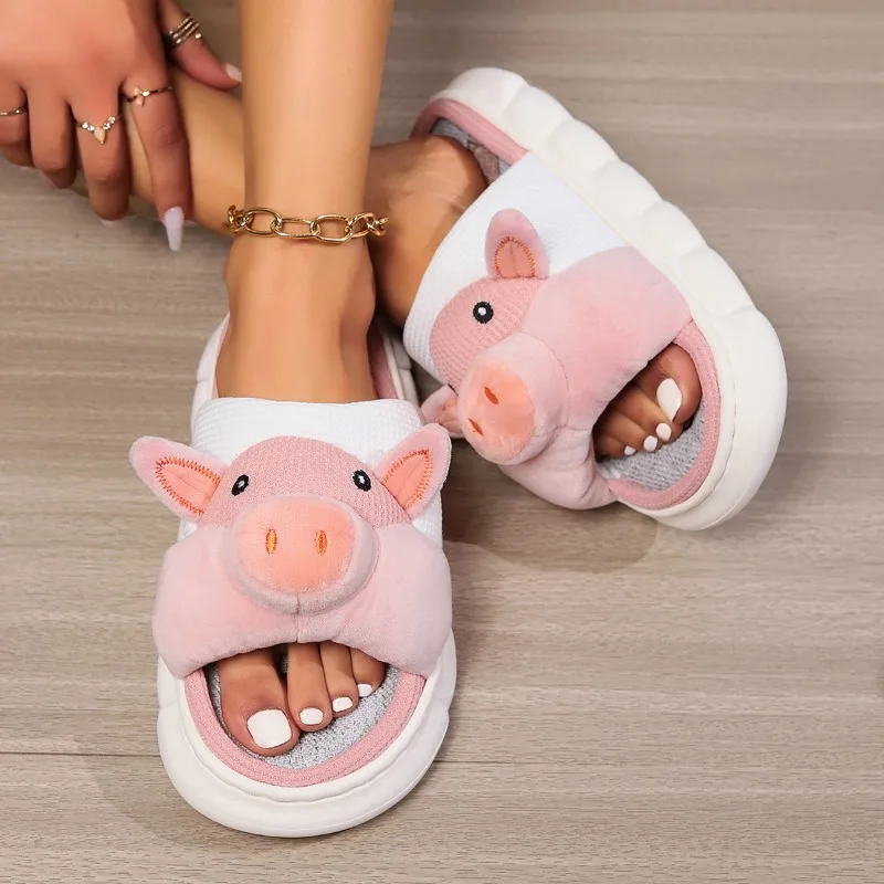 Piggy Cute Linen Slippers Women\'s Four Seasons Home Room Sweat Absorbing and Deodorant Thick Bottom Spring and Linen Sandals