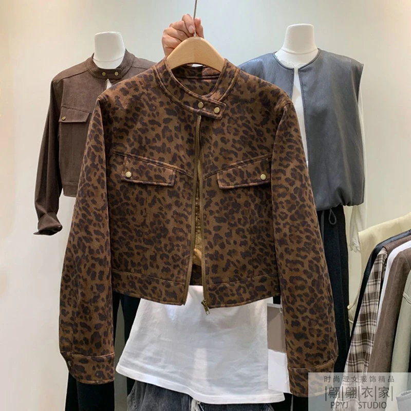 Y2K Leopard Cropped Jacket Women Hottie Streetwear Harajuku Vintage Coats Stand Collar Long Sleeve High Street Short Outwear New