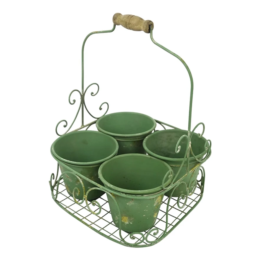 

Rustic Green Handcrafted Farmhouse Metal Plant Pot Set, 4 Small Buckets Succulent Planter and Caddy Style Basket