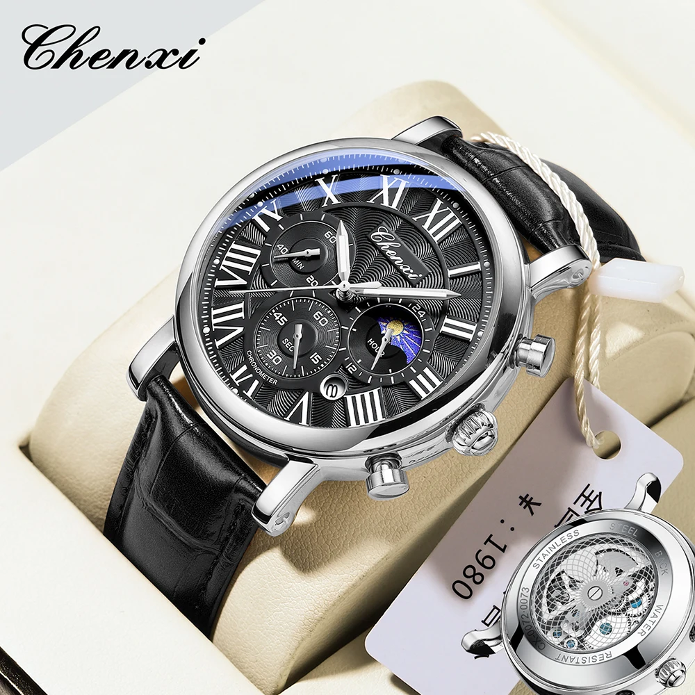 CHENXI New Men's Watches Original Brands Leather Date Luminous Wristwatch Bottom Skeleton Quartz Watch Men Sweep Second Movement