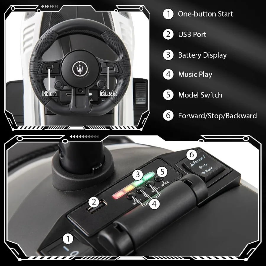 Samochodzik elektryczny dla maluchów Maserati z licencją, 6V, z klaksonem, muzyką, światłami i schowkiem pod siedzeniem, zasilany bateryjnie, do pchania.