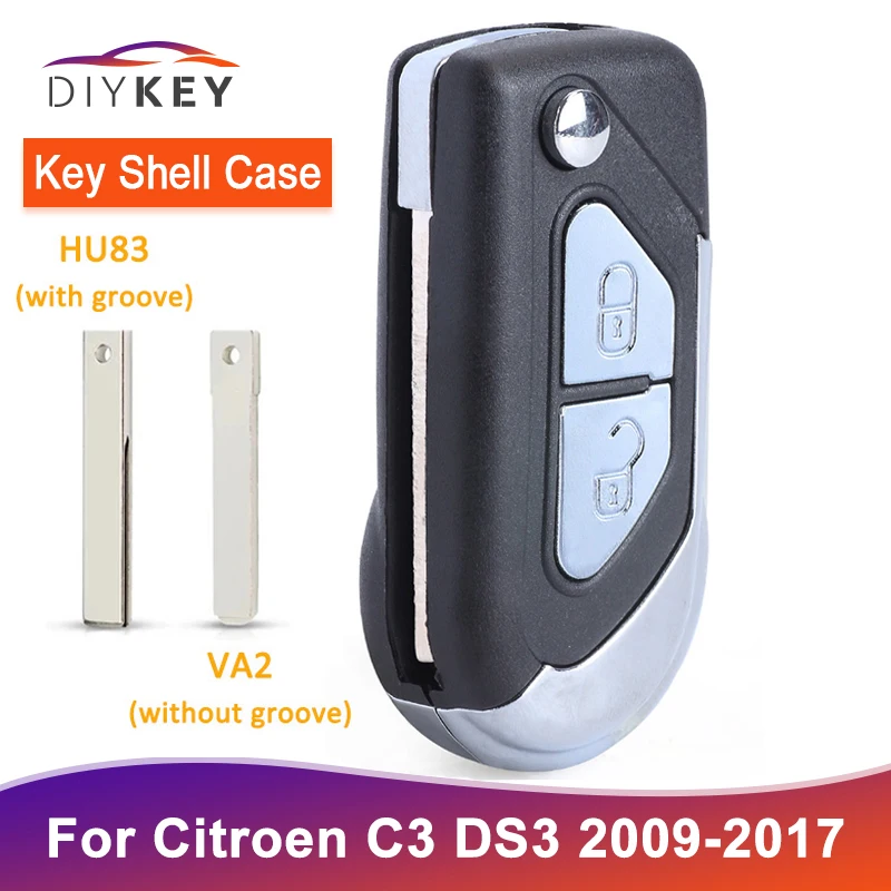 DIYKEY Folding Remote Car Key Shell Case 2 Button For Citroen C3 DS3 2009 2010 2011 2012 2013 2014 - 2017 Uncut HU83 VA2 Blade