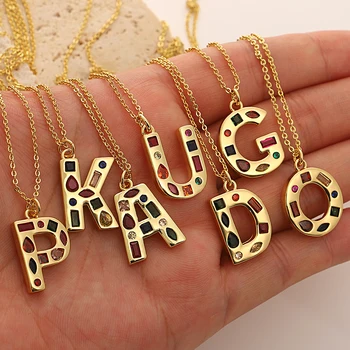 화려한 라인석 문자 목걸이, A-Z 라인석 영어 알파벳, 가족 이름 무지개 문자 목걸이, 패션 주얼리